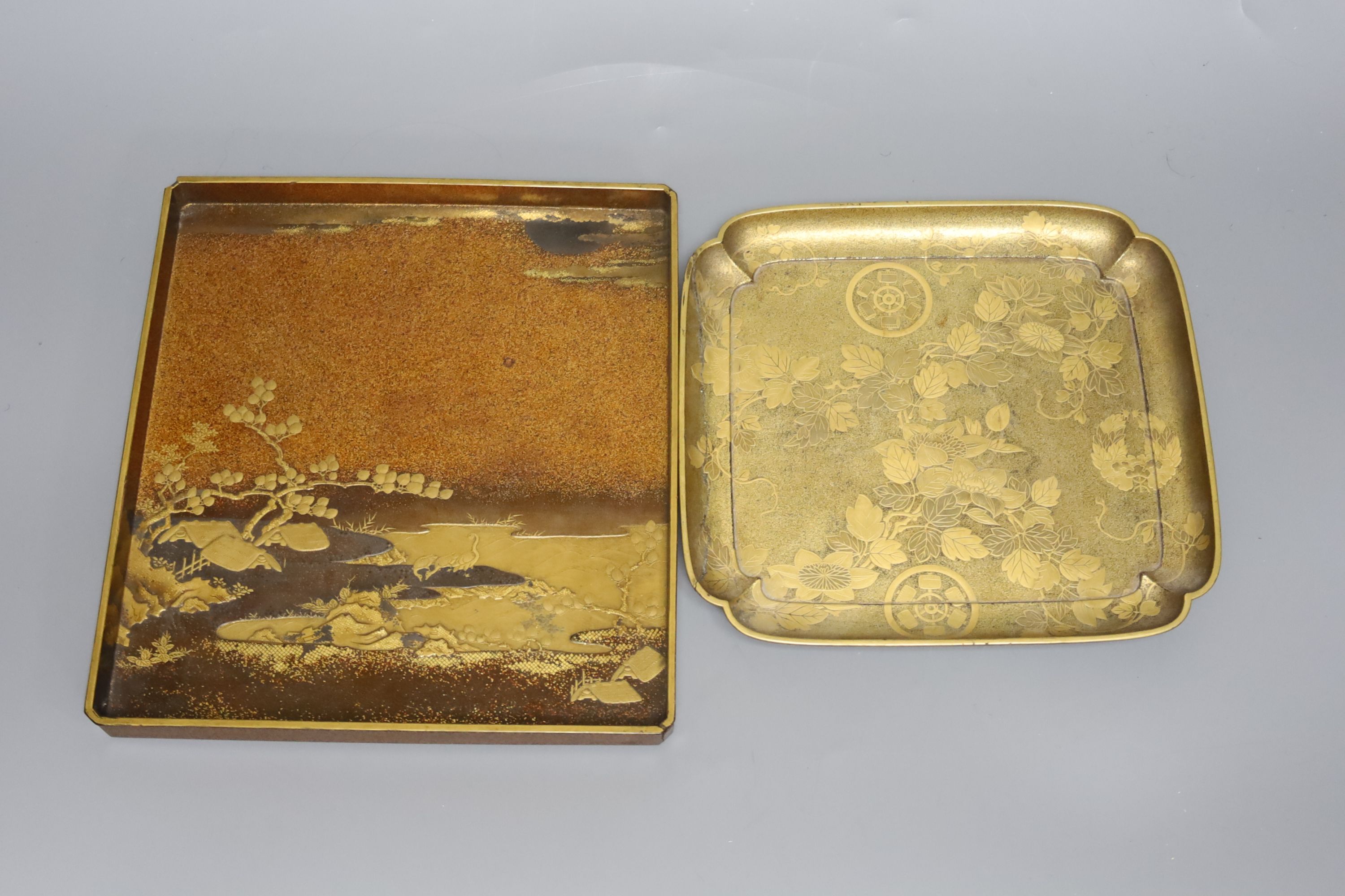 A good quality Japanese maki-e lacquer dish and a similar panel, Edo to Meiji period, largest 24.5cm